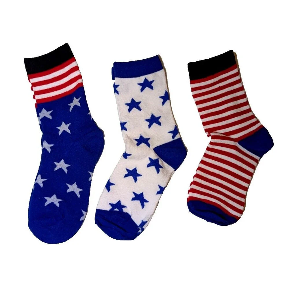 Patriotic 3 Pair Women's Ankle Socks Size 6-8.5 Stars and Stripes Americana NEW